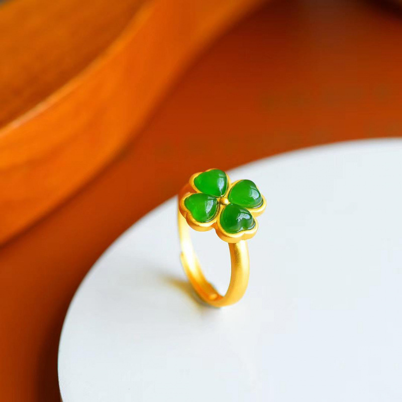 Rings - Natuurlijke Groene Jade Klavertje Vier Ring